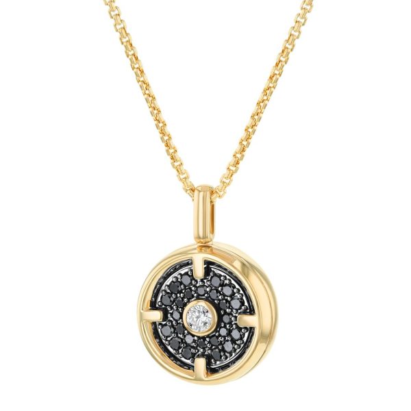 14K Yellow Gold 1.0 carat Black and White Diamonds Round Pendant