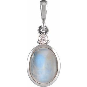 14K White 6x4 mm Natural Rainbow Moonstone & .015 CT Natural Diamond Pendant