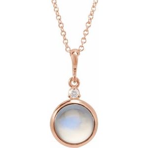 14K Rose 6 mm Natural Rainbow Moonstone & .03 CT Natural Diamond Cabochon 16-18" Necklace
