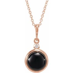14K Rose 8 mm Natural Black Onyx & .03 CT Natural Diamond Cabochon 16-18" Necklace