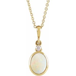 14K Yellow 9x7 mm Natural White Opal & .03 CT Natural Diamond 16-18" Necklace