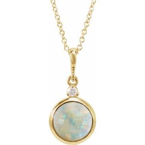 14K Yellow 8 mm Natural White Opal & .03 CT Natural Diamond Cabochon 16-18" Necklace