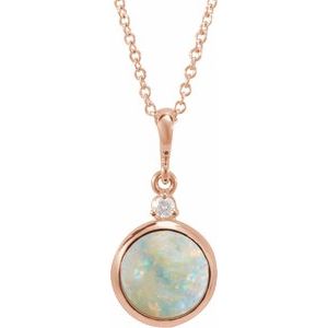 14K Rose 6 mm Natural White Opal & .03 CT Natural Diamond Cabochon 16-18" Necklace