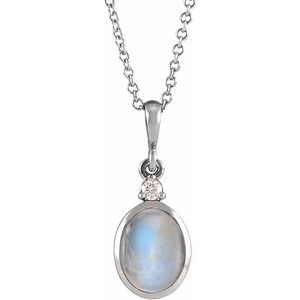 14K White 5x3 mm Natural Rainbow Moonstone & .03 CT Natural Diamond 16-18" Necklace
