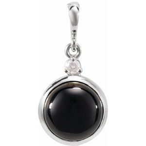 14K White 8 mm Natural Black Onyx & .03 CT Natural Diamond Cabochon Pendant