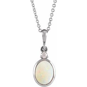 14K White 5x3 mm Natural White Opal & .03 CT Natural Diamond 16-18" Necklace