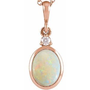 14K Rose 12x10 mm Natural White Opal & .03 CT Natural Diamond Cabochon Pendant