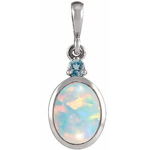 14K White 8x6 mm Lab-Grown White Opal & Natural London Blue Topaz Pendant
