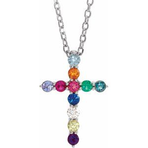 14K White Natural Multi-Gemstone & .03 CT Natural Diamond Cross 16-18" Necklace