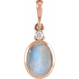 14K Rose 10x8 mm Natural Rainbow Moonstone & .03 CT Natural Diamond Cabochon Pendant