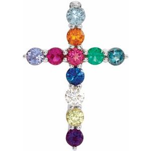 14K White Natural Multi-Gemstone & .03 CT Natural Diamond Cross 16-18" Necklace