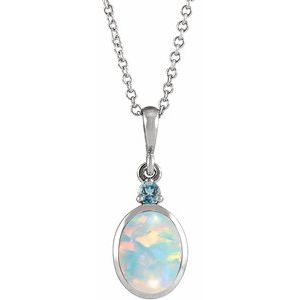 14K White 5x3 mm Lab-Grown White Opal & Natural London Blue Topaz 16-18" Necklace