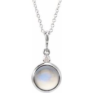 14K White 6 mm Natural Rainbow Moonstone & .03 CT Natural Diamond Cabochon 16-18" Necklace