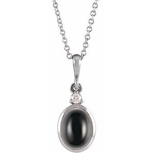 14K White 8x6 mm Natural Black Onyx & .03 CT Natural Diamond 16-18" Necklace
