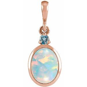 14K Rose 5x3 mm Lab-Grown White Opal & Natural London Blue Topaz Pendant