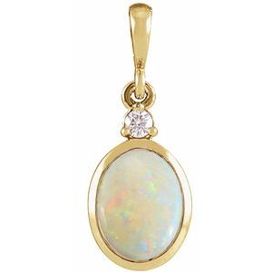 14K Yellow 12x10 mm Natural White Opal & .03 CT Natural Diamond Cabochon Pendant