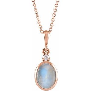 14K Rose 10x8 mm Natural Rainbow Moonstone & .03 CT Natural Diamond 16-18" Necklace
